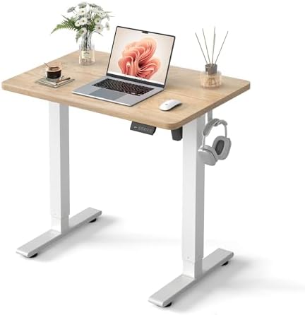 Cubiker Standing Desk, 32" Small Sit Stand Home Office Desk, Electric Stand up Desk, Adjustable Desk with Splice Board, White Frame/Maple Top by CubikerHomeOfficeFurniture