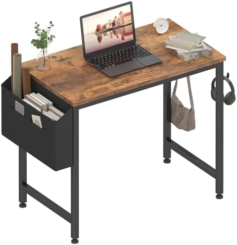Lufeiya Small Desk for Small Spaces, 32 Inch Kids Girls Study Writing Desks for Bedroom, Simple Modern Laptop PC Little Side Table with Storage Bag Headphone Hooks, Rustic Brown by LUFEIYA