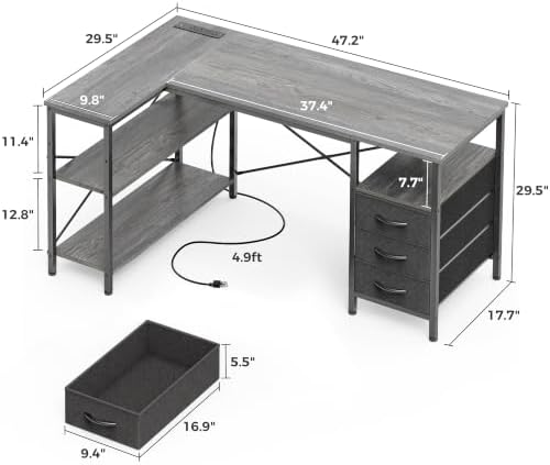 Huuger L Shaped Office Desk with Power Outlets & 3 Drawers - Image 3