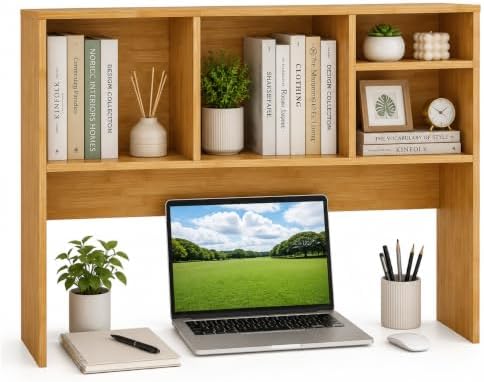 BECOMFORT Desk Hutch, Desk Organizer Shelf with 4 Storage Compartments, Wooden Display Rack, Desktop Bookshelf for Vanity Dressing Tabletop College Dorm Home & Office by BECOMFORT