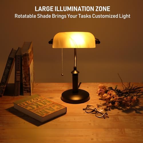 TORCHSTAR Pale Yellow Glass Bankers Desk Lamp with Pull Chain, E26 Base - Image 4