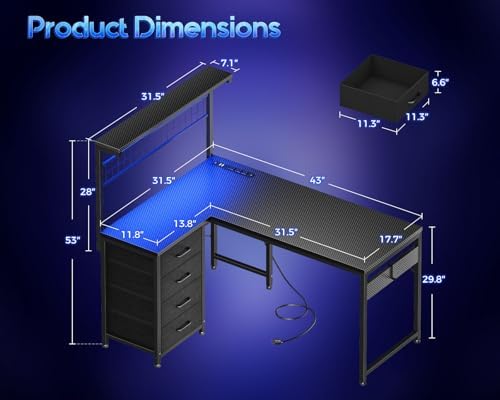 MOTPK 43" L Shaped Gaming Desk with Shelf & 4 Drawers, Black Carbon Fiber - Image 2