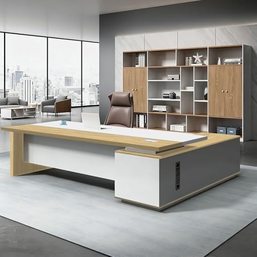 L Shaped Executive Desk with Drawers, Large Office Desk with Storage Cabinet, Wood L Shape Desk for Home Office or Business Workspace, Left or Right Cabinet Option, Multiple Sizes & Colors by Unknown
