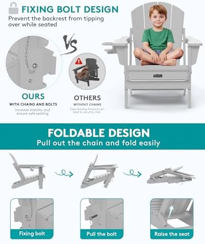 SERWALL Folding Adirondack Chair Set of 6 with Cup Holder - Light Gray - Image 4