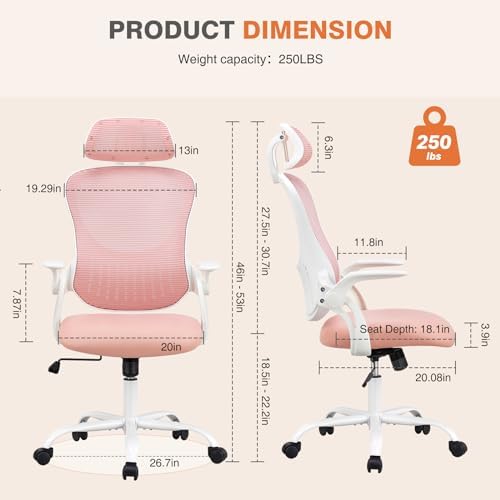Sweetcrispy Home Office Chair, High Back Office Chair, Lumbar Support, Pink - Image 2
