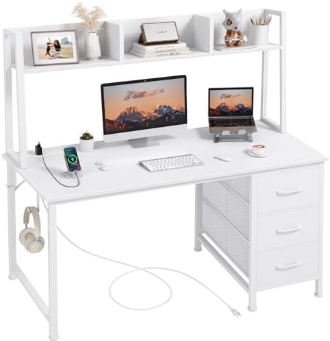 DLisiting White Computer Desk with Hutch & Drawers - 47 Inch Modern Study Writing Office Desk with 3 Storage Drawers and Power Outlets for Bedroom Home Office by Unknown