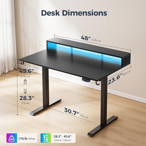 Klicelor Electric Standing Desk with Shelf, 48 Inch Height Adjustable Desk with Power Outlets & LED, Sit Stand Up Table with Monitor Stand, Computer Workstation for Home Office, Black - Image 3