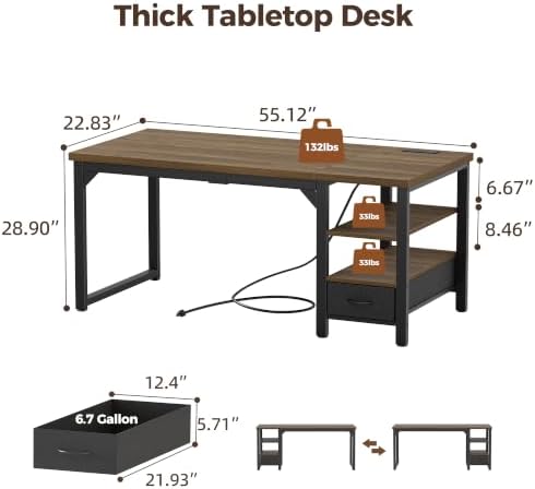 Mericonia 54" Computer Desk with Drawer, 1.2" Thick Reversible Office Desk - Image 3