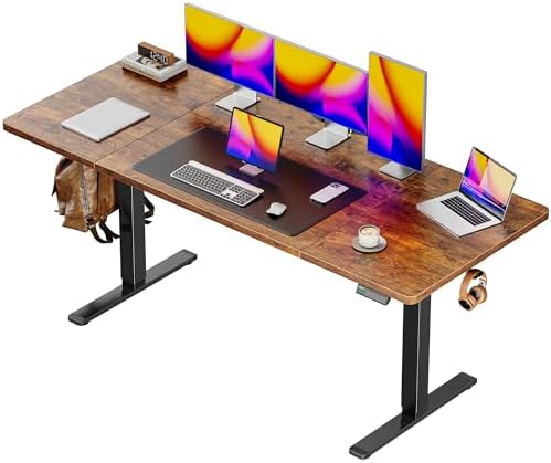 Huuger 63 x 28 Large Electric Standing Desk, Height Adjustable Computer Desk, 27.6" Deep Desktop, Stand up Gaming Office Table with 2 Hooks, 3 Preset Heights, for Home Office, Rustic Brown, 7021Z-1 by Huuger