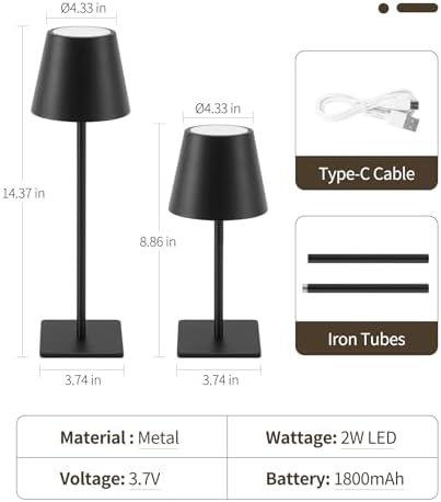 UME Cordless Table Lamp, Battery Operated Lamp - Portable Waterproof Rechargeable Table Lamp w/ 3 Color Temps & Stepless Dimming for Dinner, Desk, Cafe, Outdoor (Black) - Image 3