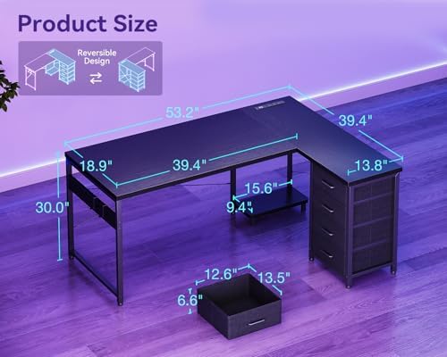AODK 53" L Shaped Gaming Desk with 4 Drawers and Power Outlets, Black - Image 3
