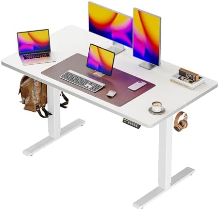 Huuger 48 x 28 Large Electric Standing Desk, Height Adjustable Desk, 27.6" Deep Desktop, Stand up Gaming, 2 Hooks, 3 Preset Heights, for Home Office, White by Huuger
