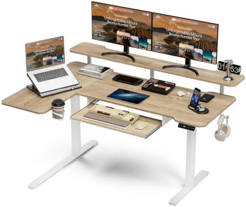 Acrolix 59" L Shaped Standing Desk with Shelves Keyboard Tray,Oak by Acrolix