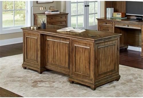 Pemberly Row 68.5" W Wood Executive Desk, Brown Finish, Herringbone Pattern, 2 Locking File Drawers, 4 Utility Drawers, Keyboard Drawer, Grommets, Fully Assembled, Home Office or Workspace Desk - Image 2