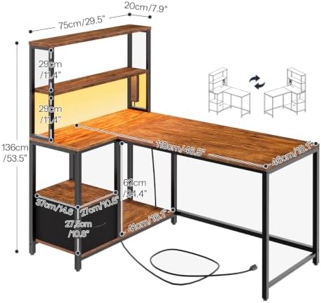 HOOBRO L Shaped Gaming Desk, 46 Inch Reversible Computer Desk with LED Light & Power Outlet, Office Desk with Storage Shelves & Drawer, for Home Office, Study, Rustic Brown and Black BF18UDDN01 - Image 3