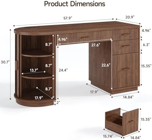 ONBRILL 58 Inch Fluted Executive Desk with File Drawer, Walnut - Image 2