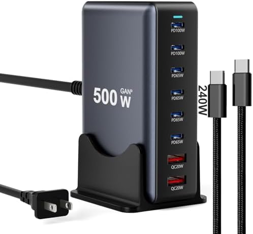 500W Fast Charging 8 Port USB C Charger Block with Nylon Fast Charging Cable, Multi-Device Charging Station Wall Desktop Charger with GaN Ⅲ Technology, USB-C Charger Adapter for MacBook/iPad/iPhone 17 by Vanmiya