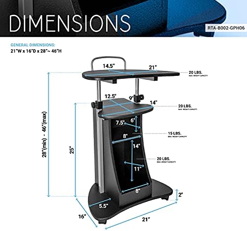 Techni Mobili Adjustable Height Rolling Laptop Cart with Storage, Graphite - Image 3