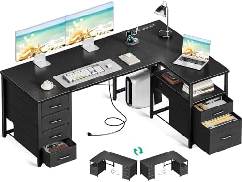 Coleshome 55 Inch L Shaped Office Desk with 6 Drawers, Power Outlet, Black by Coleshome