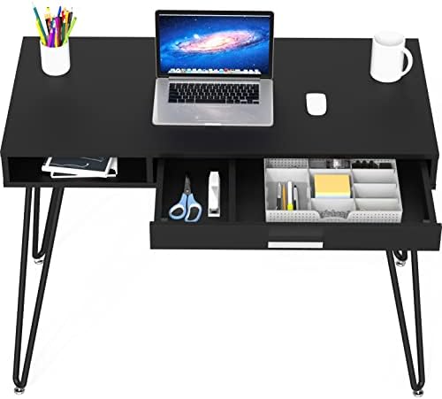 SHW Home Office Computer Hairpin Leg Desk with Drawer, Black - Image 6
