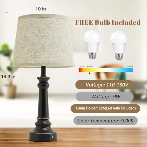 EJIAXIN Touch Lamps for Nightstand Set of 2 - Black Table Lamp for Bedroom Dimmable Bedside Lamp with USB C+A Ports - Lamps for Night Stands Living Room End Table,2 LED Bulbs Included - Image 4