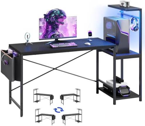 60'' Gaming Desk with LED Lights, Side Storage Bag, Black by RSPGAME
