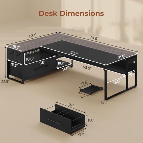 UPOSOJA 71" Executive Desk, L Shaped Office Desk with Widen File Drawers - Image 2