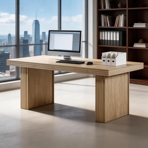 Tribesigns Modern Office Desk, Home Office Table with Wide Fluted Legs, Modern Desk for Home Office, Natural - Image 4