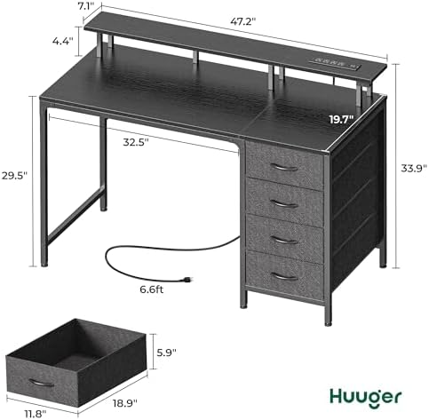 Huuger 47 Inch Computer Desk with Power Outlets and LED Lights, Gaming Desk with 4 Drawers, Office Desk with Monitor Stand, Study Work Home Office, Small Spaces, Black - Image 2