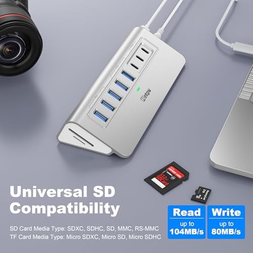 Powered USB Hub 10Gbps, intpw YH6AC Plus 10-Port USB 3.2 Hub (USB A/USB C 3.2+3 USB-A 3.0+2 PD 45W Fast Charging Ports+SD/TF Card Reader), 65W Power Adapter,Aluminum USB HUB for PC,Laptop,iPhone 17/16 - Image 5