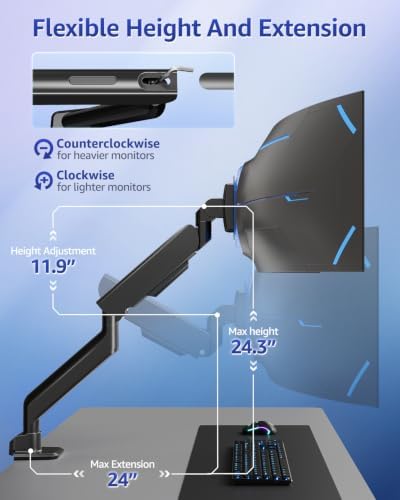 MOUNTUP Heavy Duty Monitor Arm, Single Monitor Mount for 57" Ultrawide Monitor, Supports 4.4–66 lbs, Large Monitor Arm with Full Motion Adjustment, Monitor Stand for Desk, Max VESA 100x100mm - Image 5