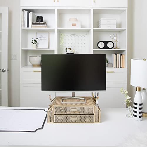BLU MONACO | Monitor Stand with Drawer Storage | Desk Top Monitor Stand Riser Gold | Computer Support Organizer Elevador de Monitor - Image 3