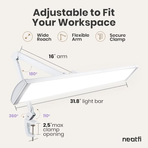 Neatfi Pro LED Task Lamp with Clamp | CRI 95 | 50W | 342 LED Beads | 4,500 Lumens | Touch Dimming | 6500K Daylight | Desk Light for Reading, Crafting & Home Office Use (White-7, 31.8-Inch Wide Shade) - Image 4