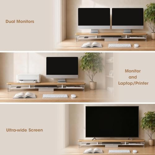Fenge 42.5" Dual Monitor Stand with Clear Acrylic Legs, Dark Oak - Image 4