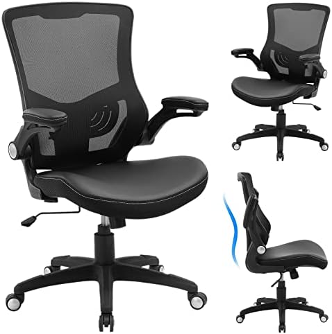 Office Chair Ergonomic Desk Chair, Computer PU Leather Home Office Chair, Swivel Mesh Back Adjustable Lumbar Support Flip-up Arms Executive Task Chair by XXISHE