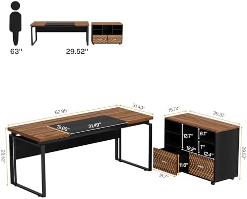 Tribesigns L-Shaped Executive Desk with Reversible File Cabinet, 63" Office Desk with Storage Drawers, L-Shaped Computer Desk with Drawer Cabinet for Hanging Letter Size Files (Walnut & Black) - Image 2