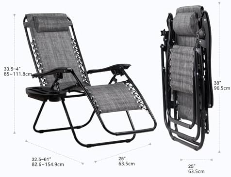 Nazhura Set of 2 Relaxing Recliners Patio Chairs Adjustable Steel Mesh Zero Gravity Lounge Chair Beach Chairs with Pillow and Cup Holder(Grey) - Image 3