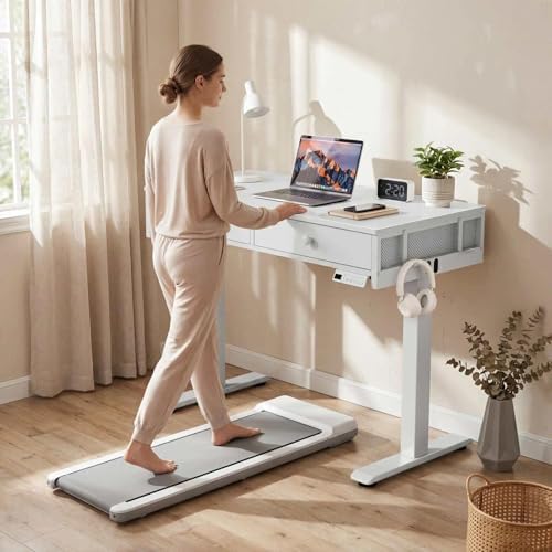 KLUVIS White Electric Standing Desk with Drawers, 39 Inch Small Adjustable Desk with Storage, Sit Stand Computer Study Writing Desks for Small Space Home Office, Stand Up Work Desks for Walking Pad - Image 2