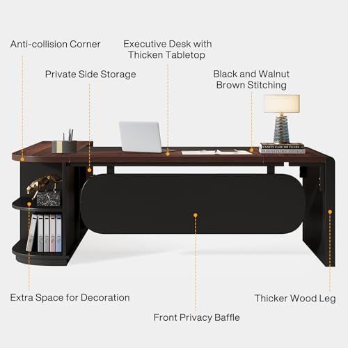 Tribesigns 80'' L-Shaped Desk, Large Executive Office Desk with 55'' Drawers Cabinet, Modern Computer Table with Storage Shelves, Business Furniture for Home Office, Walnut & Black - Image 6