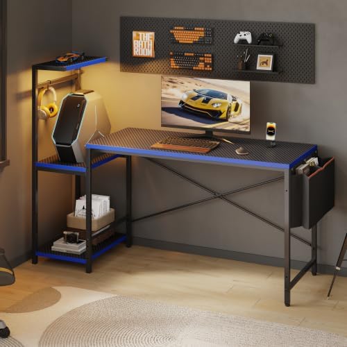 60'' Gaming Desk with LED Lights, Side Storage Bag, Black&Blue - Image 7