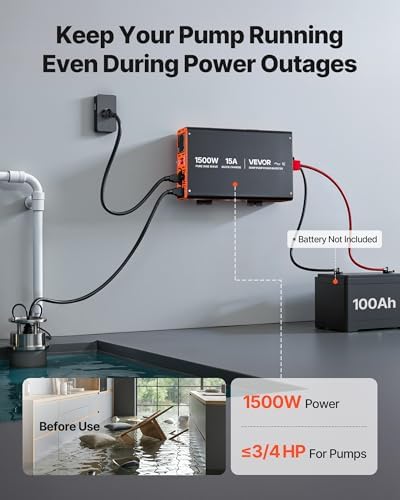 VEVOR 1500W Sump Pump Battery Backup System, LCD Display, Auto Switches to Battery Inverter Power for Sump Pump, Pure Sine Wave, for Basement Protection Emergency and Power Outage, Battery Not Include - Image 2