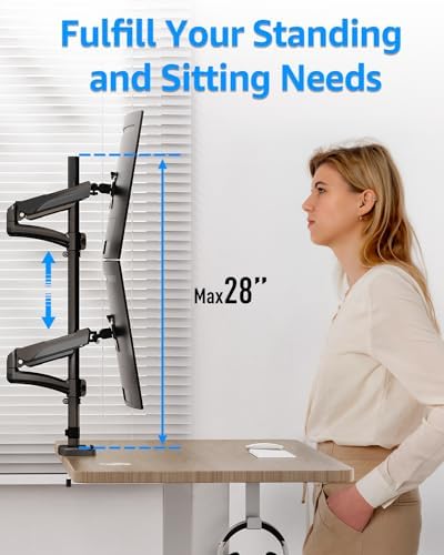 MOUNTUP Vertical Dual Monitor Mount Holds 4.4-17.6lbs, up to 32 Inch Stacked Monitor Mount with Gas Spring Arm with Clamp/Grommet Base, Dual Monitor Stand for Desk, For Home Office, VESA 75x75/100x100 - Image 3