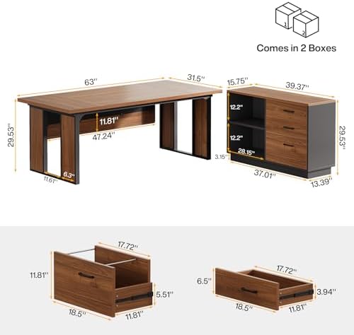 Tribesigns 63‘’ L-Shaped Executive Desk, Office Table with 47-Inch Drawers Cabinet, Large Computer Desk with Storage Shelves, Business Furniture Set for Home Office, Brown - Image 2