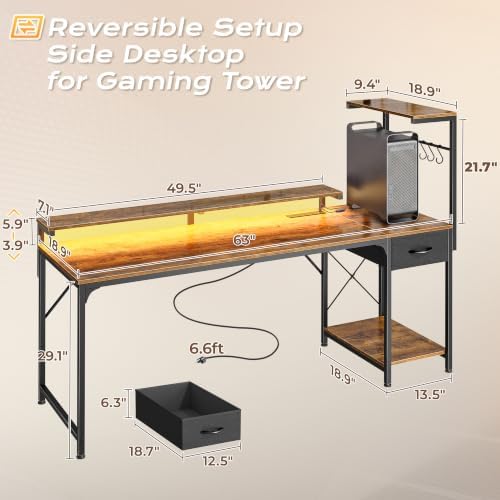 PRAISUN 63 Inch Gaming Desk with LED Lights & Power Outlets - Image 3