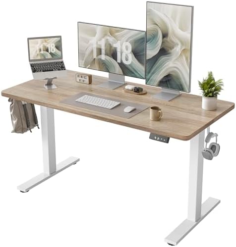 TIQLAB Height Adjustable Electric Standing Desk, 55 x 24 inch, Sit Stand Up Desk, Splice Board, Computer Home Office Desk, White Frame/Maple Top by TIQLAB