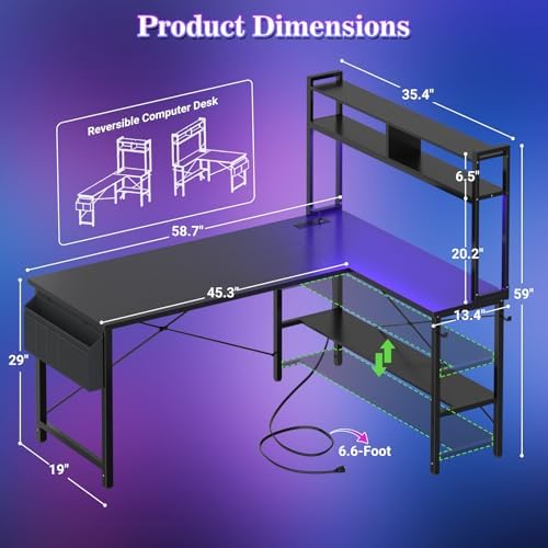 Aheaplus 59" L Shaped Desk Gaming Desk with LED Light & Power Outlet, Black - Image 2