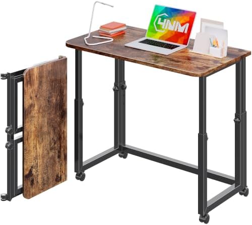 4NM No Tool Assembly 31.5" Small Desk, Folding Portable Desk with Wheels, Adjustable Height Foldable Computer Home Office Desks, Collapsible Study Writing Table for Space Saving Bedroom - Rustic Brown by 4NM