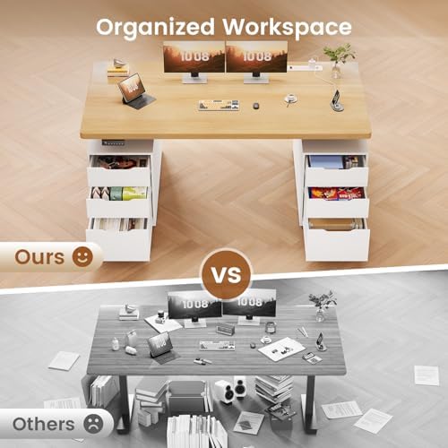 SEDETA 55" Electric Standing Desk with 6 Drawers, Adjustable Stand up Desk with Storage, Computer Desks with Power Outlets for Home Office, White + Oak - Image 4
