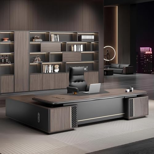 Modern L-Shaped Executive Desk with Drawers, Wooden Office Desk with Hidden Power Outlet, Digital Combination Lock, Aluminum Inlaid Desktop for Home & Professional Office by Unknown