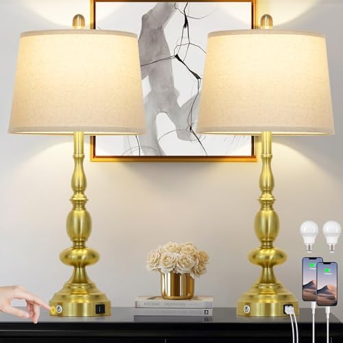 29" Tall Table Lamps for Living Room Set of 2 with USB C+A Charging Ports, Gold Farmhouse 3-Way Dimmable Bedside Lamps, Modern Industrial Nightstand Lamps for Bedroom End Table(2 LED Bulbs Included) by Luxeflow